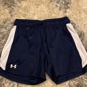 navy blue and white under armour athletic shorts
